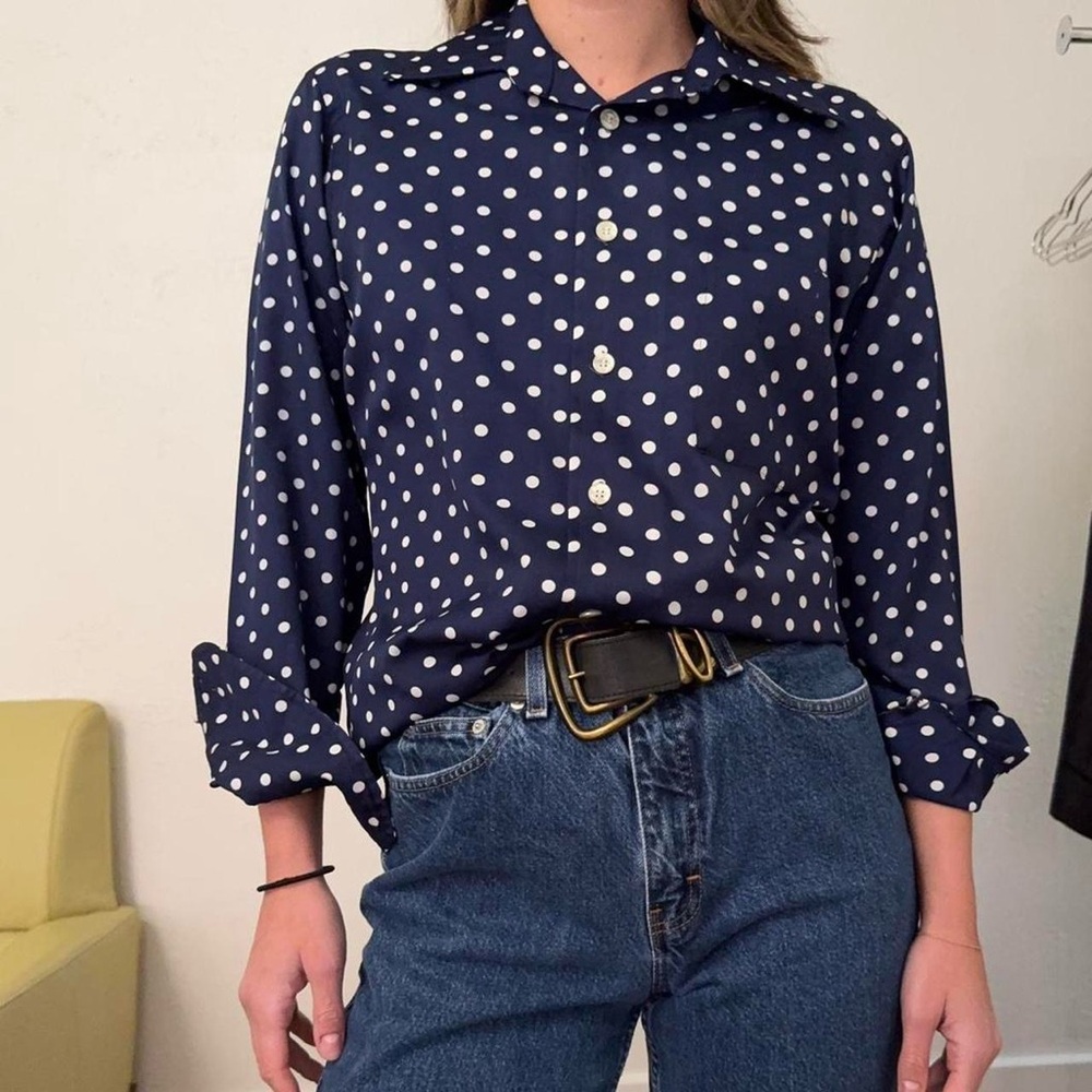 Vintage 70s Navy and White Polka Dot Collared Button Down